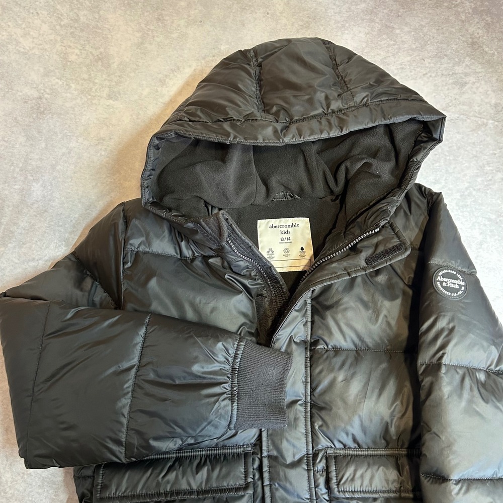 Abercrombie Kids Puffer Jacket Black Wind Water Resistant Fleece Lined 13/14
